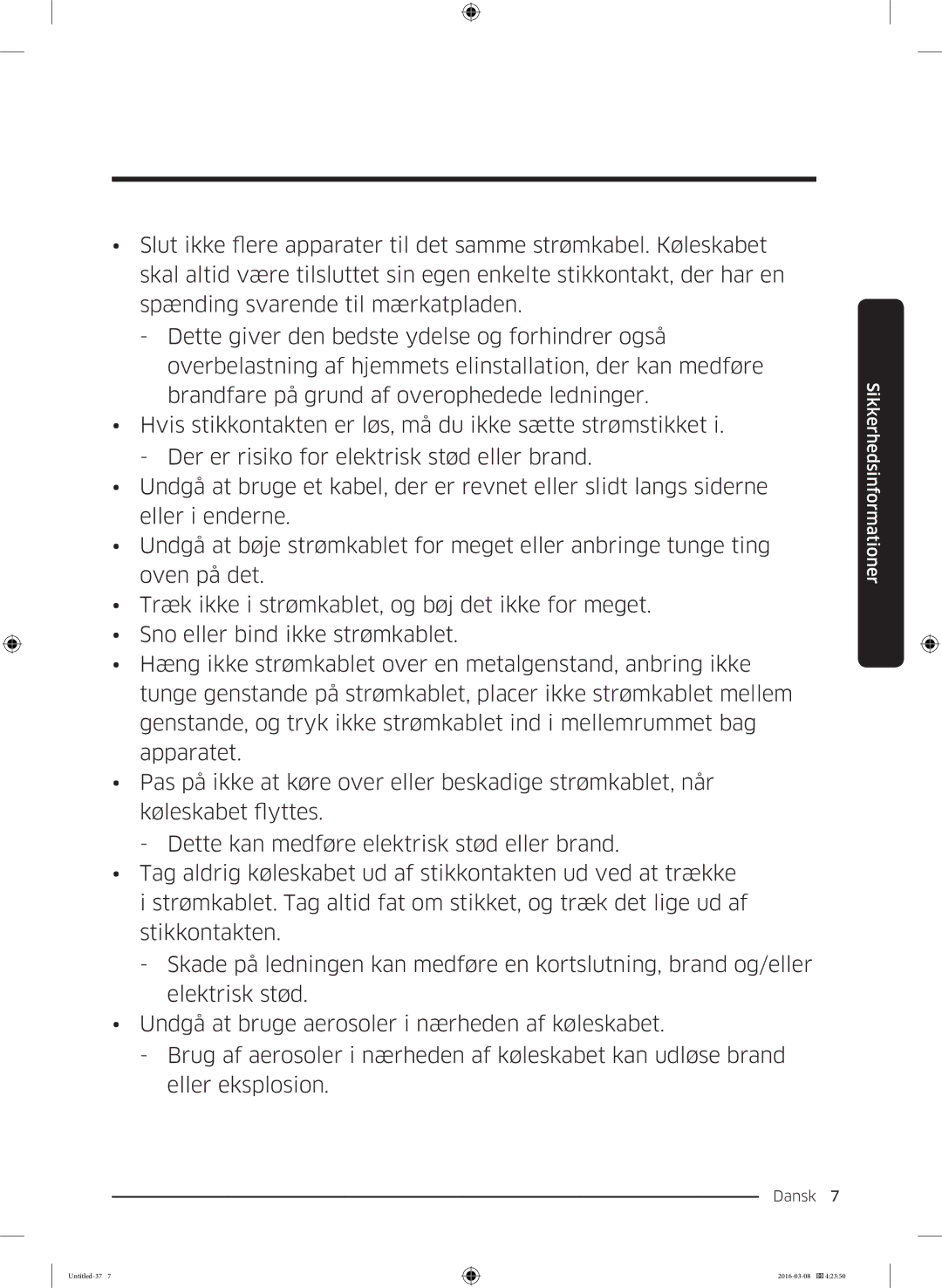 Samsung RS57K4000WW/EF, RS57K4000SA/EF, RS53K4400WW/EF, RS53K4400SA/EF manual Dansk 7  